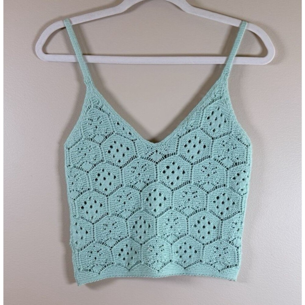 American Eagle Womens Green Crochet Knit V-Neck Cropped Tank Top - S